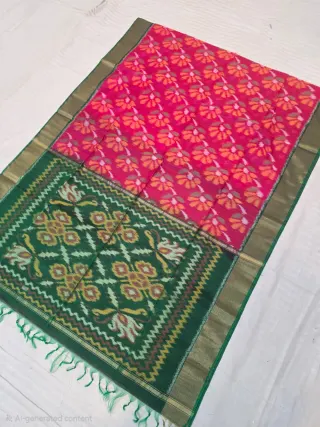 Rani Pink and Emerald Green Pallu Handcrafted Pure Ikkat Silk Pochampally Saree