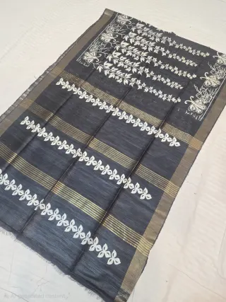 Charcoal Black Butterfly Zari Stripes and Foliage Hand Block Print Pure Ghicha Tussar Silk Saree