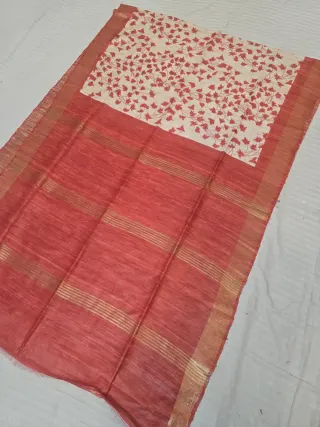Brick Red Zari Stripes and Natural Cream Botanical Leaf Block Print Pure Ghicha Tussar Silk Saree