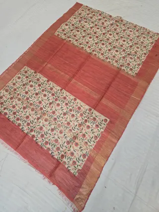 Brick Red Zari Stripes and Natural Cream Floral Vine Hand Block Print Pure Ghicha Tussar Silk Saree