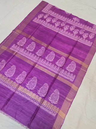 Magenta Purple Paisley Kalka Hand Block Print and Zari Stripes Pure Ghicha Tussar Silk Saree