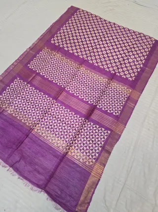 Magenta Purple Geometric Triangle Blocks and Zari Stripes Hand Block Print Pure Ghicha Tussar Silk Saree