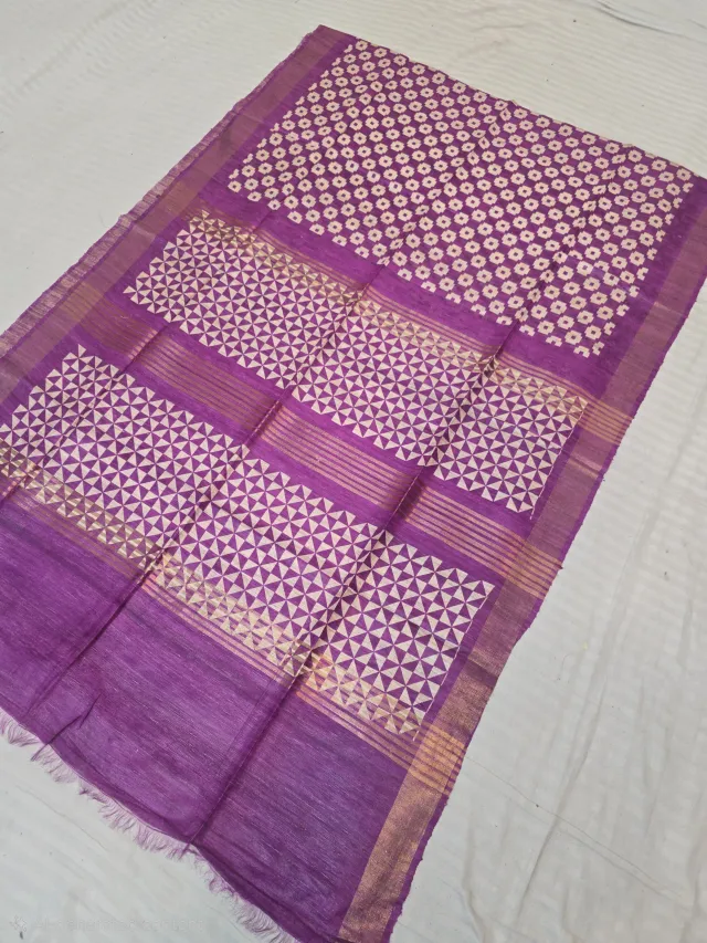 Magenta Purple Geometric Triangle Blocks and Zari Stripes Hand Block Print Pure Ghicha Tussar Silk Saree