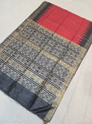 Crimson Red Temple Spikes and Black Geometric Ikkat Motif Hand Block Print Pure Ghicha Tussar Silk Saree