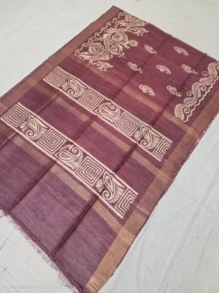 Wine Plum and Floral Arabesque Hand Block Print Pure Ghicha Tussar Silk Saree