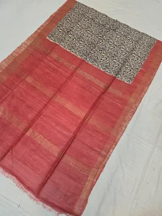Brick Red Zari Stripes and Natural Cream Dense Paisley Kalka Hand Block Print Pure Ghicha Tussar Silk Saree