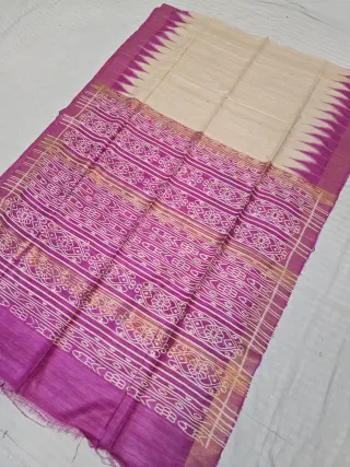 Natural Cream and Magenta Purple Hand Block Print Pure Ghicha Tussar Silk Saree