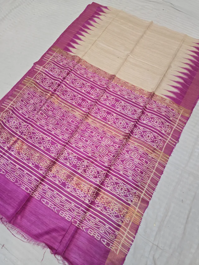 Natural Cream and Magenta Purple Hand Block Print Pure Ghicha Tussar Silk Saree