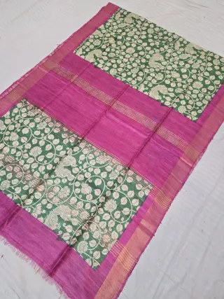 Magenta Pink and Forest Green Peacock Lotus Jaal Hand Block Print Pure Ghicha Tussar Silk Saree