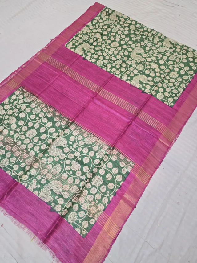Magenta Pink and Forest Green Peacock Lotus Jaal Hand Block Print Pure Ghicha Tussar Silk Saree