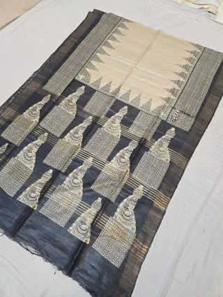 Natural Cream and Black Hand Block Print Pure Ghicha Tussar Silk Saree