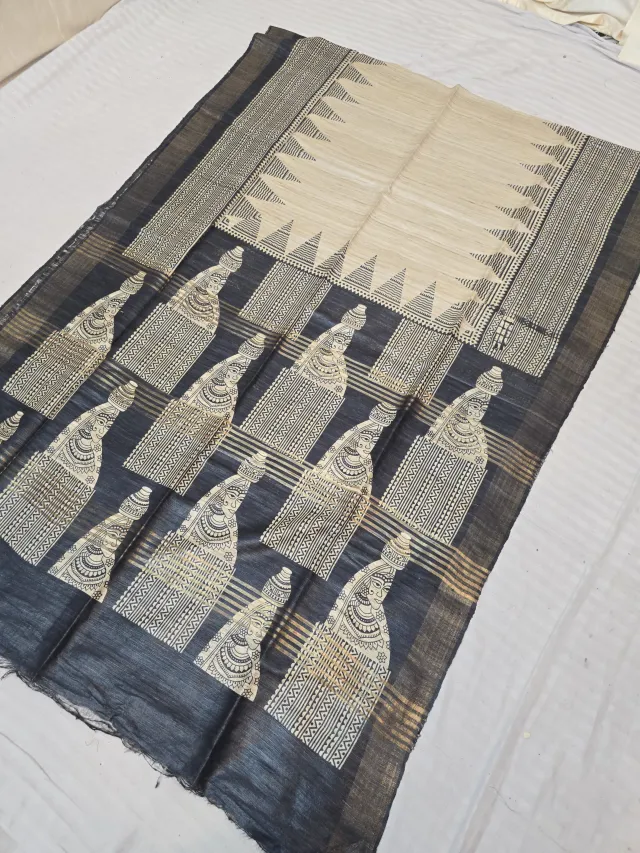 Natural Cream and Black Hand Block Print Pure Ghicha Tussar Silk Saree