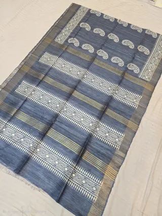 Slate Blue and Paisley Kalka Hand Block Print Pure Ghicha Tussar Silk Saree