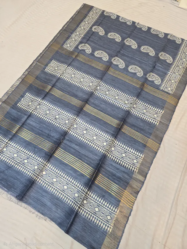 Slate Blue and Paisley Kalka Hand Block Print Pure Ghicha Tussar Silk Saree