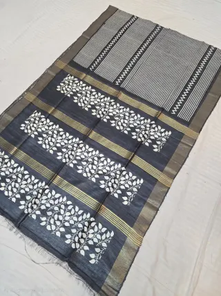 Charcoal Black and Geometric Pinstripe Pallu Hand Block Print Pure Ghicha Tussar Silk Saree