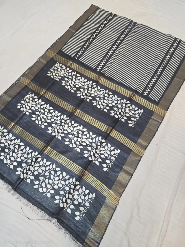 Charcoal Black and Geometric Pinstripe Pallu Hand Block Print Pure Ghicha Tussar Silk Saree