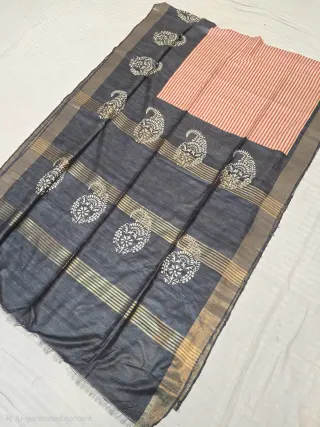 Charcoal Black and Red Cream Pinstripe Pallu Hand Block Print Pure Ghicha Tussar Silk Saree