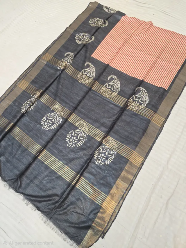 Charcoal Black and Red Cream Pinstripe Pallu Hand Block Print Pure Ghicha Tussar Silk Saree