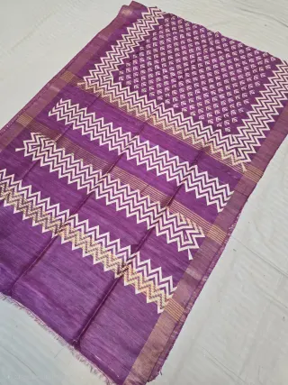 Magenta Purple and Square Eye Buti Pallu Hand Block Print Pure Ghicha Tussar Silk Saree