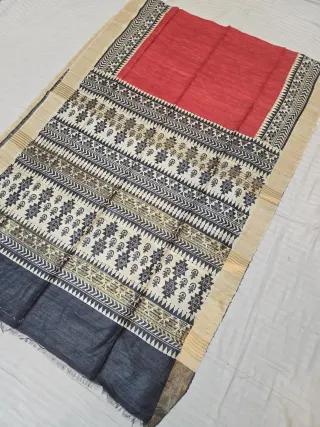 Red, and Black Aztec Tribal Block Print and Zari Stripes Pure Ghicha Tussar Silk Saree