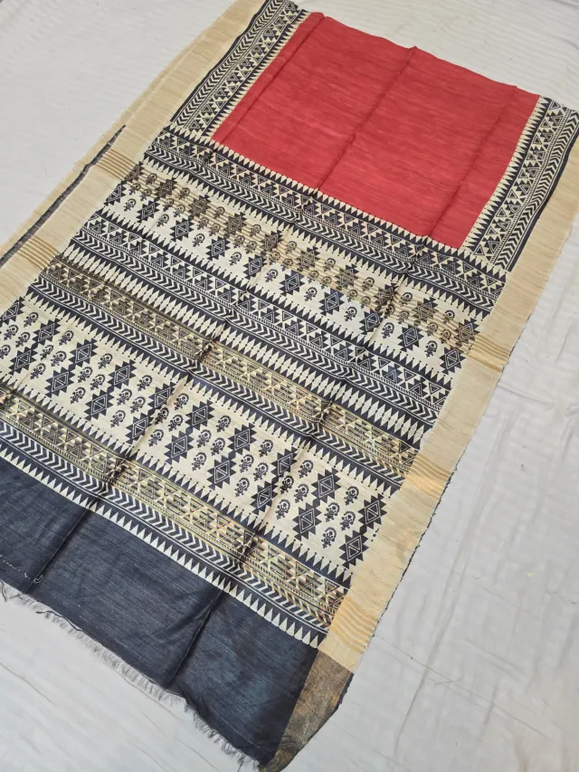 Red, and Black Aztec Tribal Block Print and Zari Stripes Pure Ghicha Tussar Silk Saree