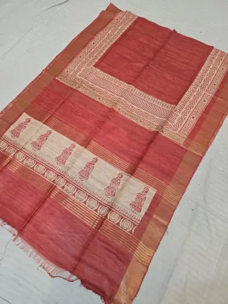 Brick Red and Natural Cream Traditional Maiden Panel Hand Block Print Pure Ghicha Tussar Silk Saree