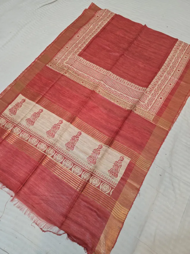 Brick Red and Natural Cream Traditional Maiden Panel Hand Block Print Pure Ghicha Tussar Silk Saree
