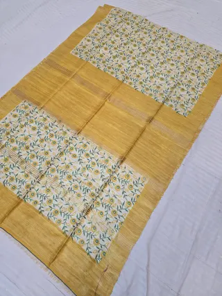 Mustard Yellow and Natural Cream Floral Vine Hand Block Print Pure Ghicha Tussar Silk Saree