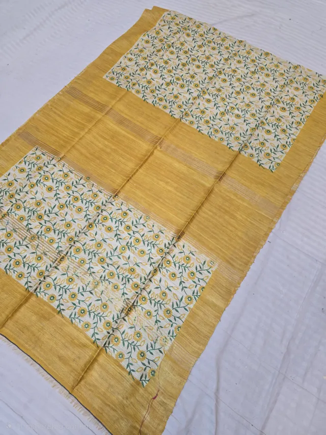 Mustard Yellow and Natural Cream Floral Vine Hand Block Print Pure Ghicha Tussar Silk Saree
