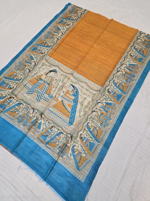 Mustard and Cerulean Blue Madhubani Wedding Narrative Hand Block Print Pure Ghicha Tussar Silk Saree