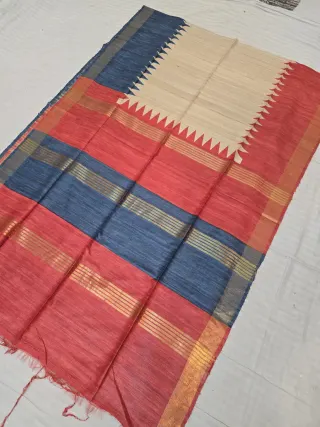 Natural Cream and Red-Blue Colour Block Striped Zari Pallu Pure Ghicha Tussar Silk Saree