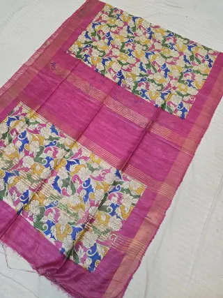 Magenta Pink and Natural Cream Multi-Colour Floral Kalamkari Jaal Hand Block Print Pure Ghicha Tussar Silk Saree
