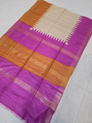 Natural Cream and Magenta-Orange Colour Block Striped Zari Pallu Pure Ghicha Tussar Silk Saree