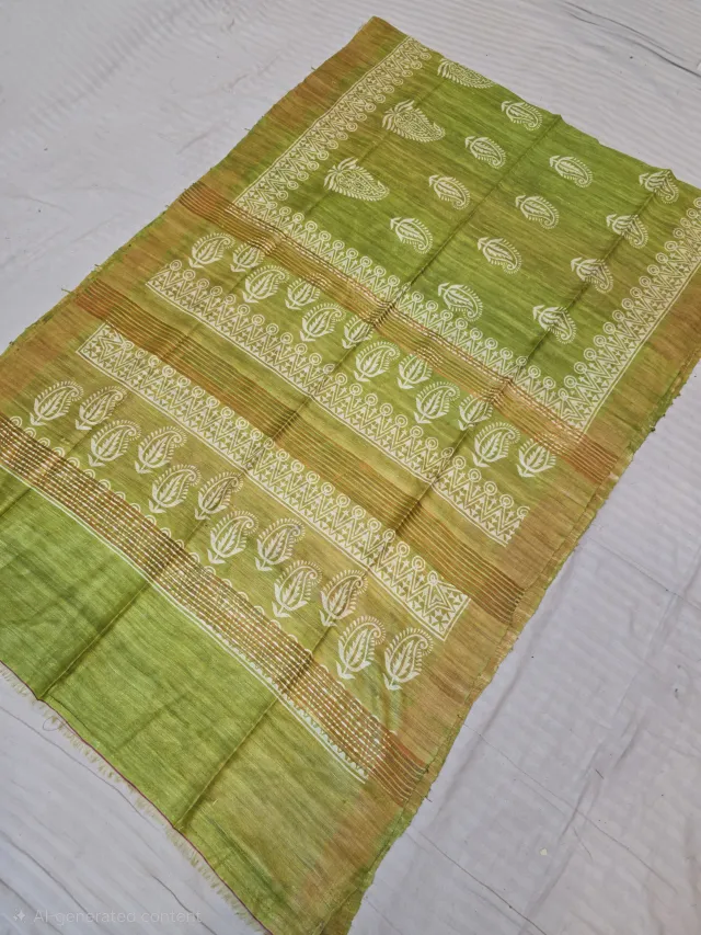 Olive Green Hand Block Print and Zari Stripes Pure Ghicha Tussar Silk Saree