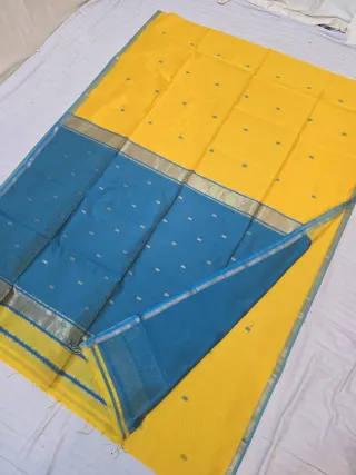 Bright Yellow and Peacock Blue Contrast Maheshwari Pure Silk Saree