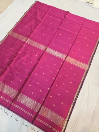 Rani Pink Handwoven Zari Buti and Tissue Pallu Maheshwari Pure Silk Saree