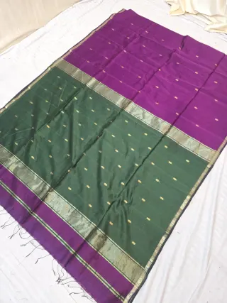 Bottle Green and Magenta Purple Contrast Maheshwari Pure Silk Saree