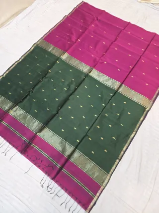 Rani Pink and Forest Green Contrast Maheshwari Pure Silk Saree