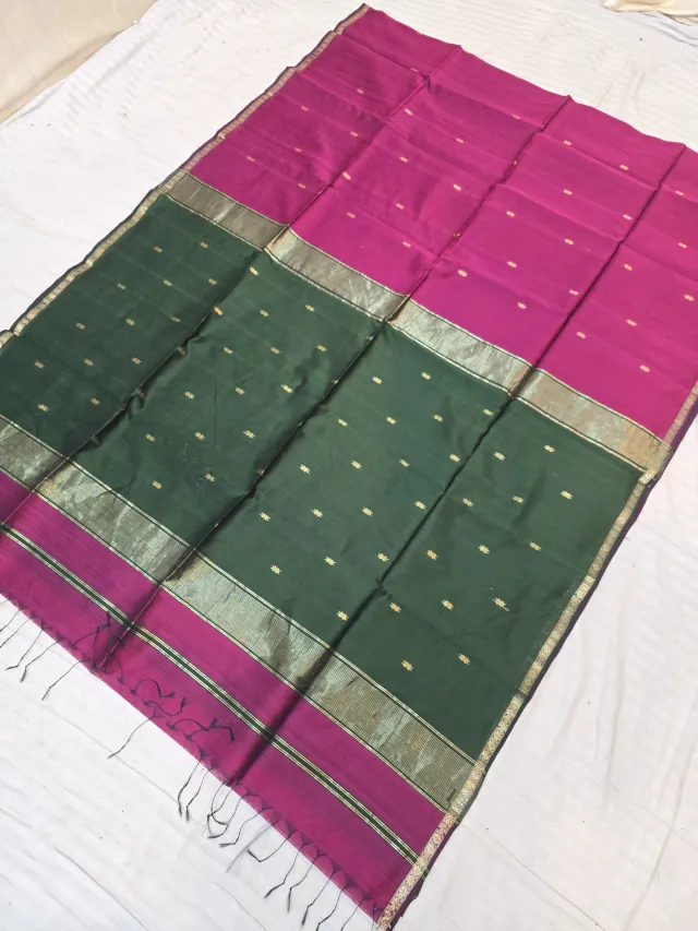 Rani Pink and Forest Green Contrast Maheshwari Pure Silk Saree