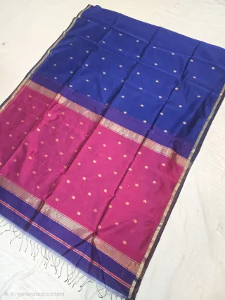 Royal Blue and Rani Pink Contrast Border Zari Buti Handwoven Maheshwari Pure Silk Saree