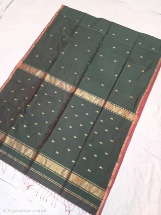 Forest Bottle Green Handwoven Zari Buti with Red Selvedge Maheshwari Pure Silk Saree