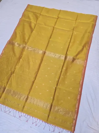 Mustard Yellow Handwoven Zari Buti with Tissue Pallu Maheshwari Pure Silk Saree