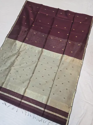 Wine Burgundy and Champagne Tissue Contrast Maheshwari Pure Silk Saree