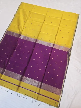 Sunshine Yellow and Royal Purple Contrast Border Zari Buti Handwoven Maheshwari Pure Silk Saree