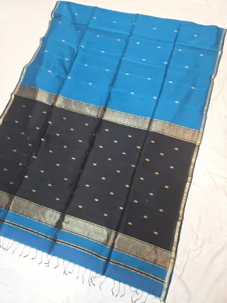 Sky Blue and Midnight Black Contrast Border Zari Buti Handwoven Maheshwari Pure Silk Saree