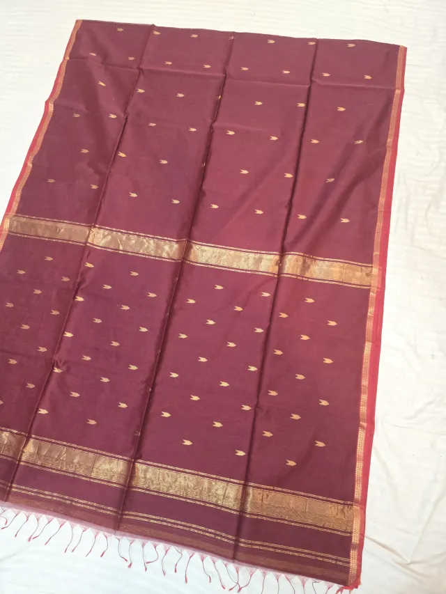 Deep Maroon Handwoven Zari Buti with Red Selvedge Maheshwari Pure Silk Saree