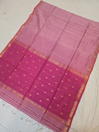 Dual-Tone Striped Rani Pink  with Tissue Pallu Maheshwari Pure Silk Saree