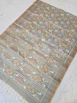 Steel Grey Pure Mulberry Silk Premium Pochampally Ikkat Saree