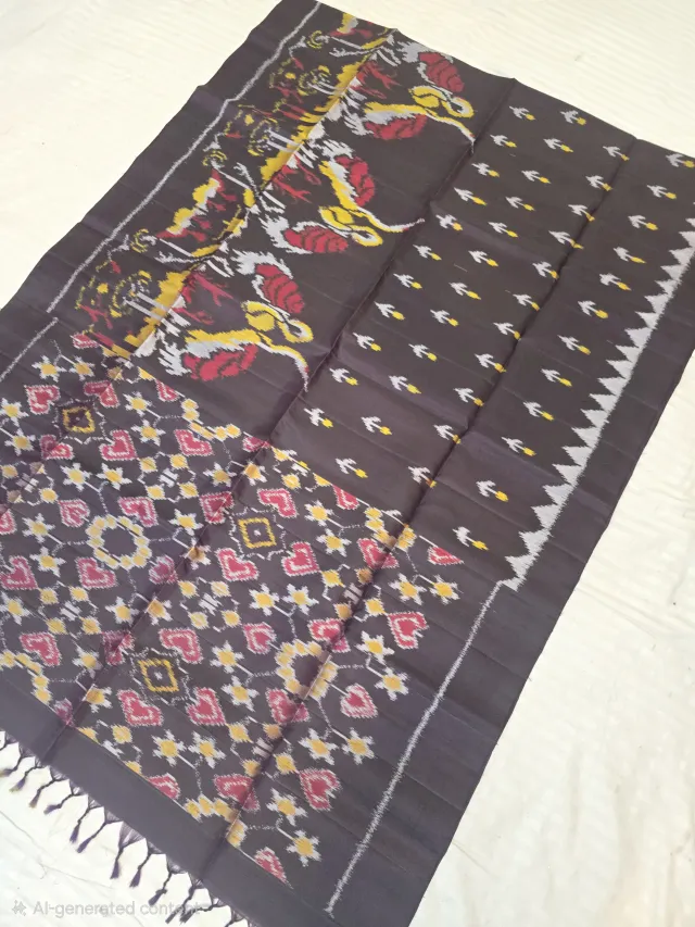 Dark Chocolate Pure Mulberry Silk Premium Pochampally Ikkat Saree