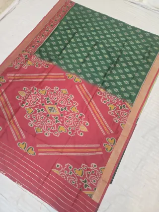 Emerald Green and Red Patola Ikkat Print Soft Silk Saree